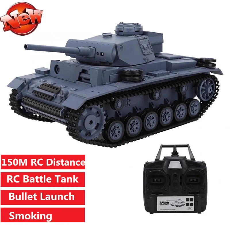 

2.4G Multi-function RC Battle Tank High Simulation III-H Millity Tank Metal Track RC Tank Toy Model BB bullet Launch Smoking toy