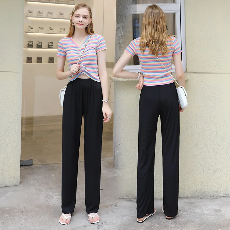 Slacks Women Loose Pants Summer Soft Ice Silk Ankle Length Solid Wide Leg Pants Pink Grey Women High Waisted Trousers 2021 New tiyihailey free shipping 2021 wide leg ankle length women trousers denim jeans elastic waist casual embroidery pants with holes