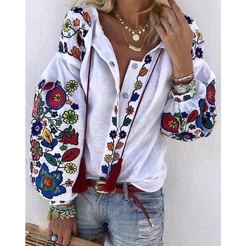 

Women Vintage Floral Print Blouse Long Puff sleeve print Drawstring Decor shirt AM1267