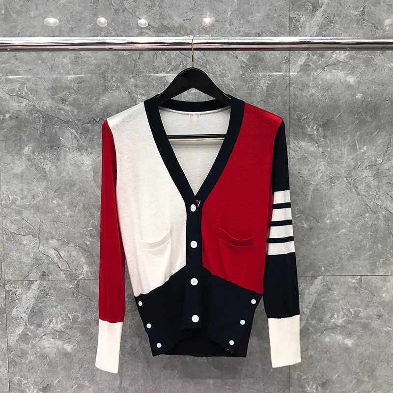 TB THOM Sweater Spring Autunm Women's Sweaters Fashion Brand Clothing RWB Fun-Mix Cotton Crepe V-Neck 4-Bat Cardigan Coats old man sweater