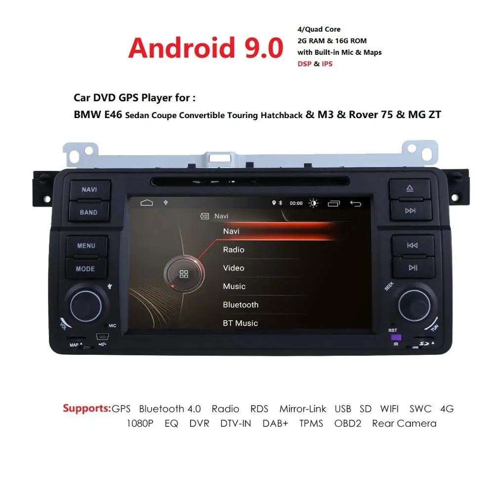 Top 7 inch Quad Core HD 1024x600 Android 9.0 2 din 2G+16G for bmw E46,M3,car dvd,gps navigation,wifi,4G LTE,BT,canbus,radio,obd2 SWC 0