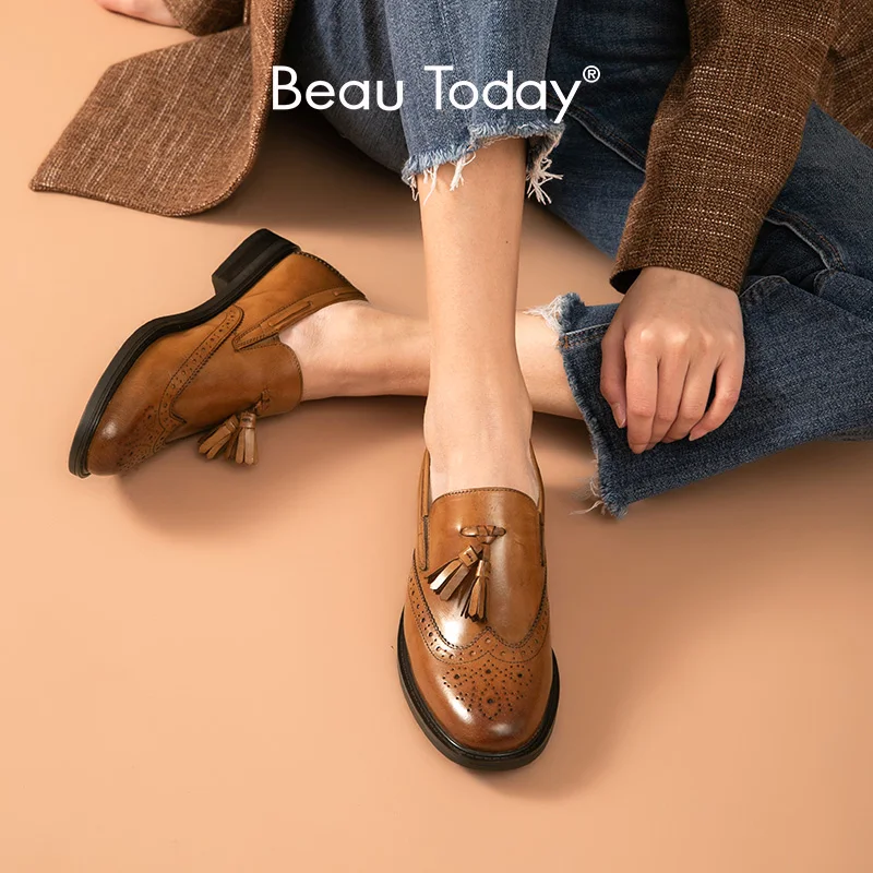 BeauToday Brogues Loafers Women Genuine Calf Leather Shoes Fringe Waxing  Round Toe Slip-On Lady Footwear Autumn Handmade 27188 _ - AliExpress Mobile