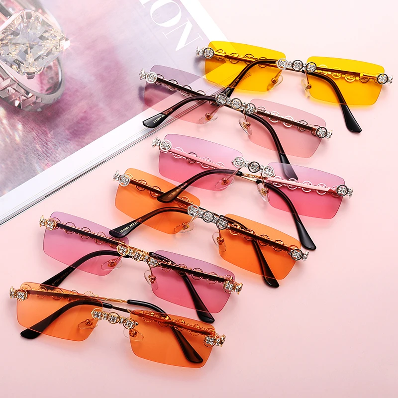 Rimless Diamond Sunglasses Women 2021 Rectangle Steampunk Sun Glasses Crystal Vintage Rhinestone Glasses Eyewear UV400 Oculos oversized sunglasses
