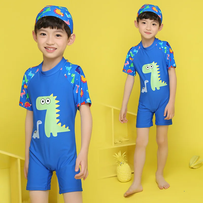 

New Style KID'S Swimwear BOY'S Siamese Swimsuit with Swim Cap Cartoon Little Dinosaur Boxer Kids Set Korean-style