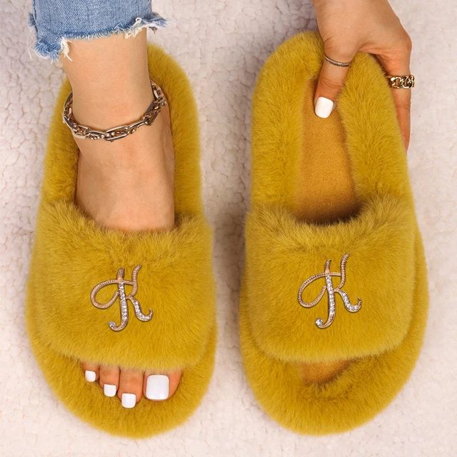 Slippers Women Furry Slides Fashion Rhinestone Letter Fluffy Flip Flops Ladies Winter Slippers Platform Sandals Female Shoes Yellow1