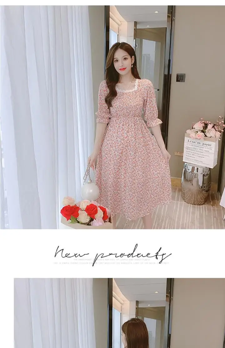 Dress Women Elegant Half Lantern Sleeve Sweet French Mid-calf Fairy Girls Leisure Holiday Empire Lace Square Collar Vestido Chic cute dresses