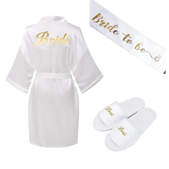 

Zaxachilable 2019 NEW One Set Satin Silk Robe Bride Robes Bride Slippers White Bride Robes Gold Print 001 women robe