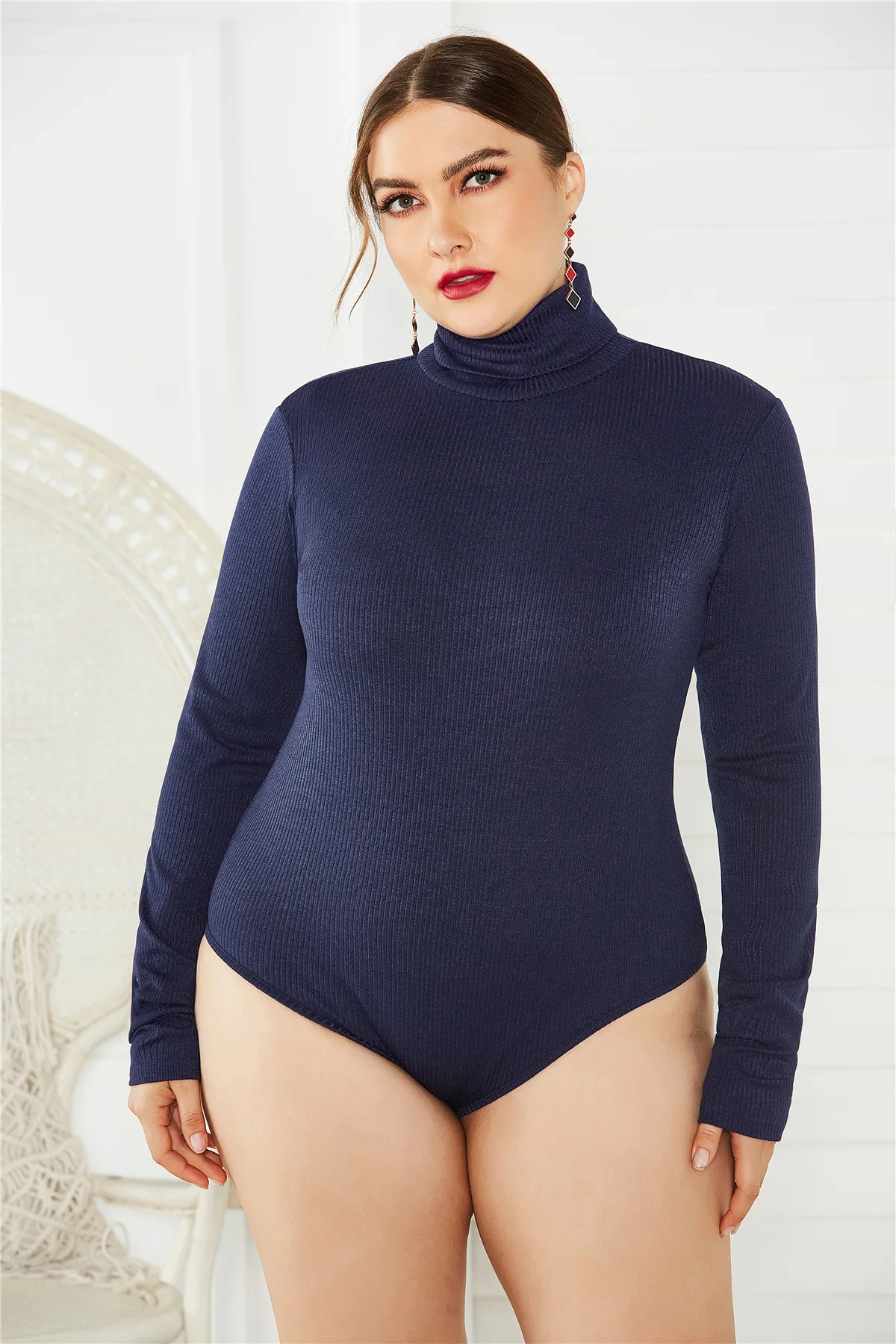 Plus Size Women Elegant Turtleneck Long Sleeve Knitted Bodysuits Autumn Winter New Solid Casual Bottoming Short Jumpsuits Female long sleeve bodysuit