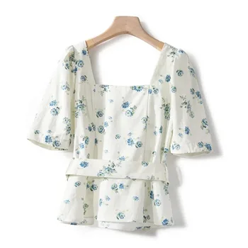 

Women's Blouse 2020 Summer New Floral Print Square Collar Puff Sleeve Short Version Shirt with Waistband Female Top