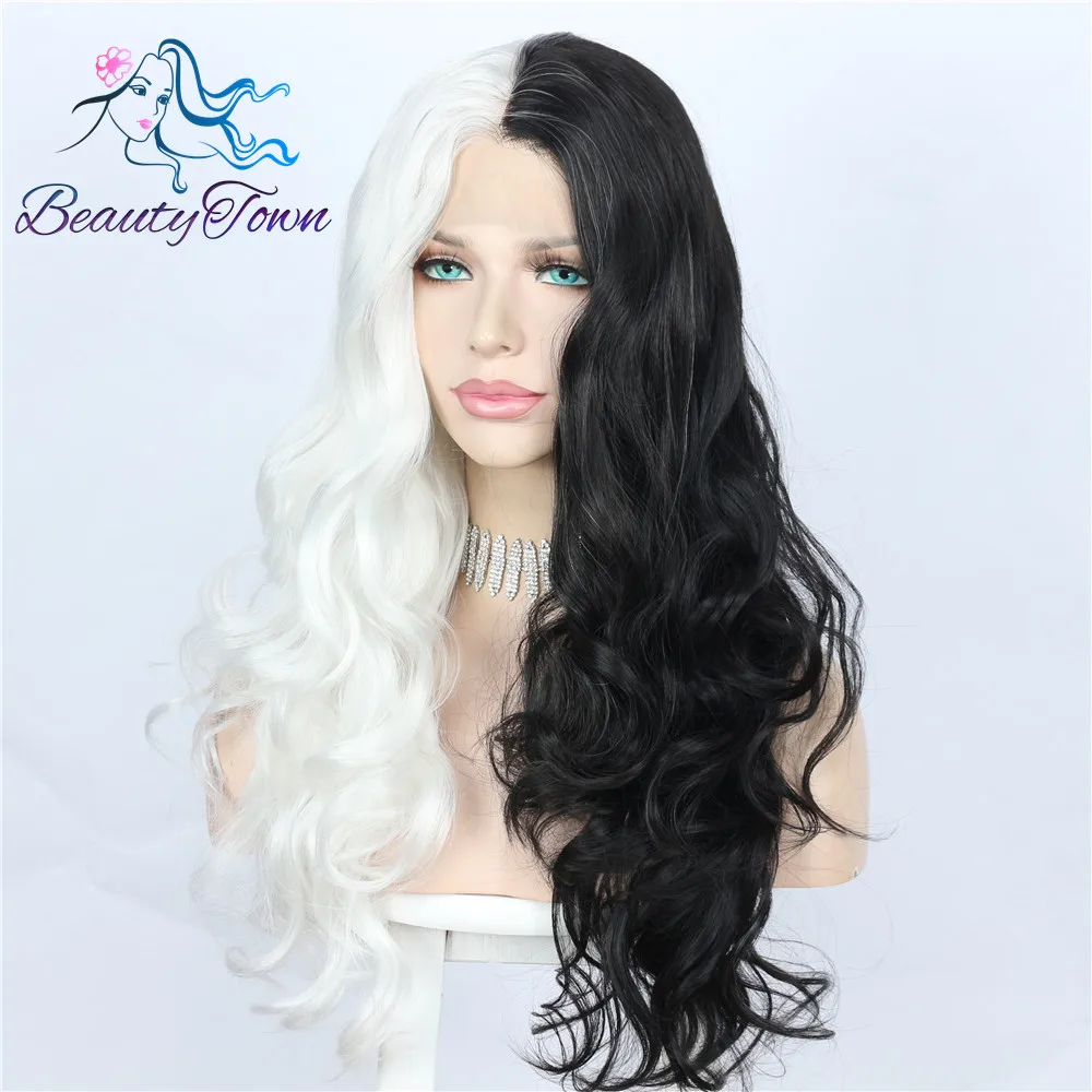 Beautytown Half Black Half White Wig Hand Tied Cruella Cosplay Masquerade Party Synthetic Lace Front Halloween Women Wig Gift Aliexpress