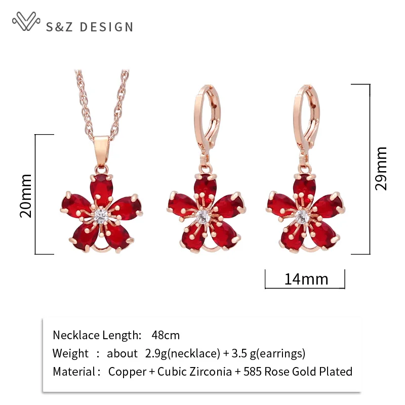 S&Z DESIGN New Fashion Cute Red Flowers Cubic Zirconia Dangle Earrings Jewelry Sets Pendant Necklace For Women Wedding Jewelry