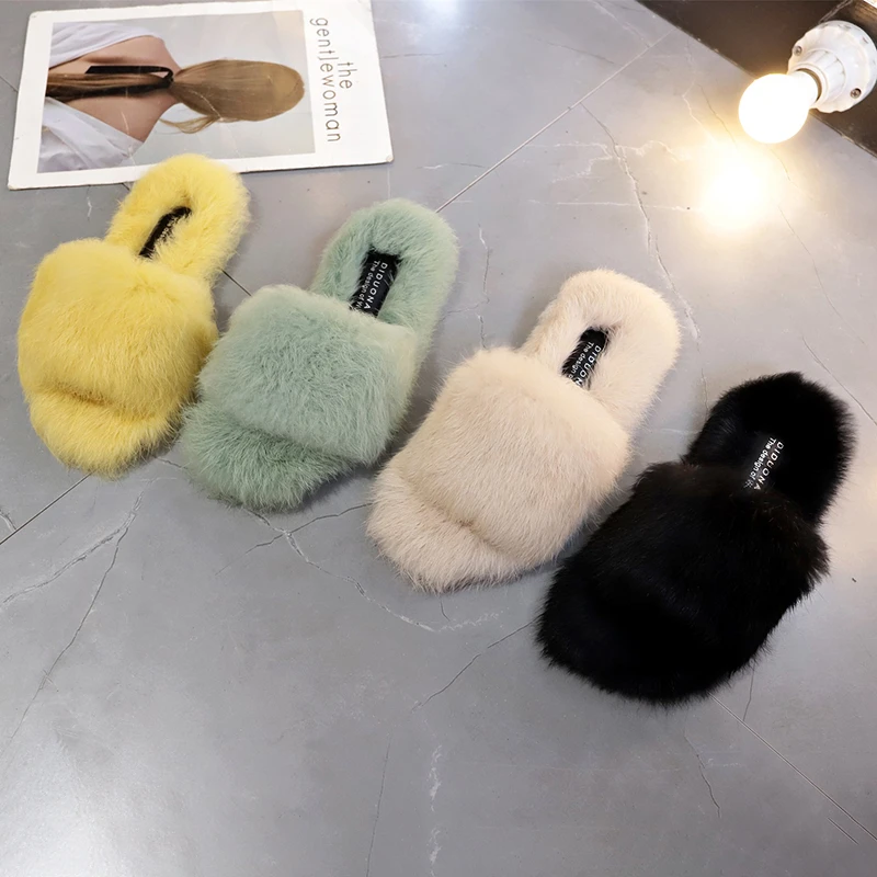 

Yellow Black Beige Nature Fur Slides 2019 Autumn Cute Fluffy slippers Fashion home cozy pure color Flats Women Slipper