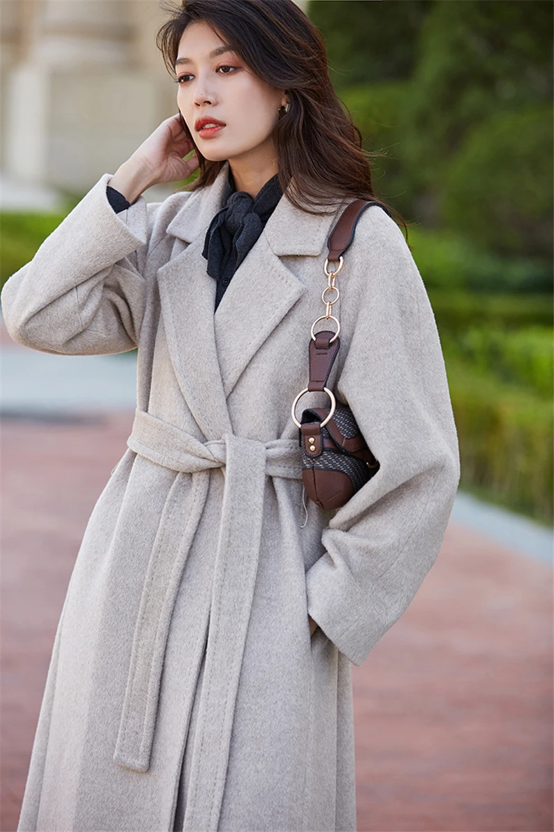Женское весеннее шерстяное пальто с широким нагрудным поясом и карманами, шерстяное пальто большого размера, длинное пальто, верхняя одежда, шерстяное кашемировое пальто