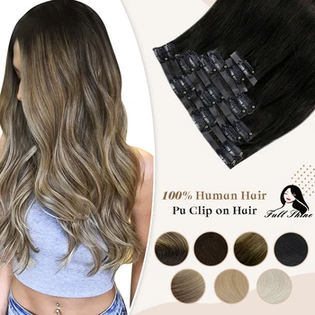 Full Shine PU Clip in Hair Extensions Remy Human Hair 8Pcs 100g Seamless Tape In Hair Extensions Ombre Blonde Color Skin Weft 1