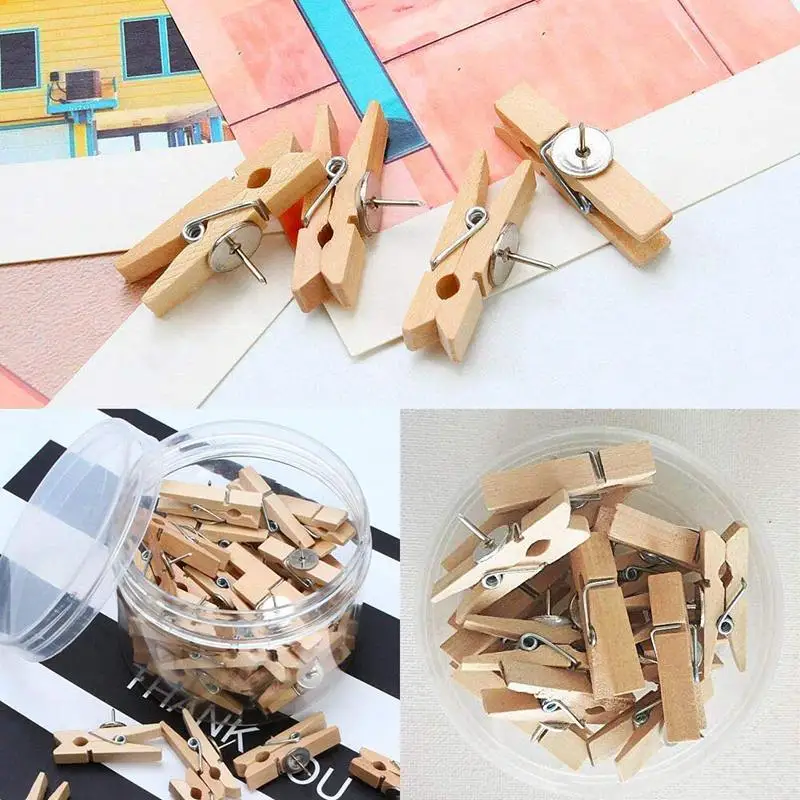 Штифты с деревянными клипсами 50 шт. Thumbtacks Pushpins креативные скрепки для бумаги прищепки натурального цвета для пробковой доски и фото Wa