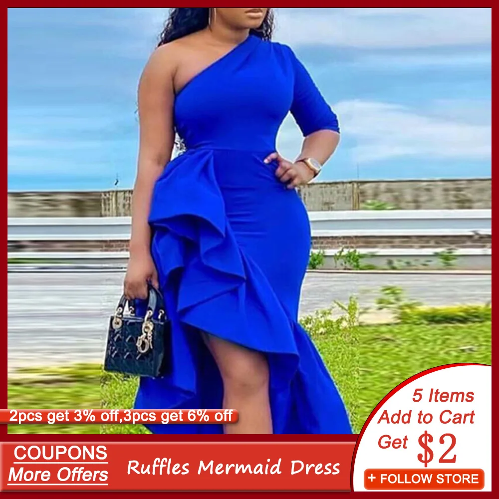 Синий сексуальный одно плечо вечерние платье для женщин Bodycon оборками Русалка