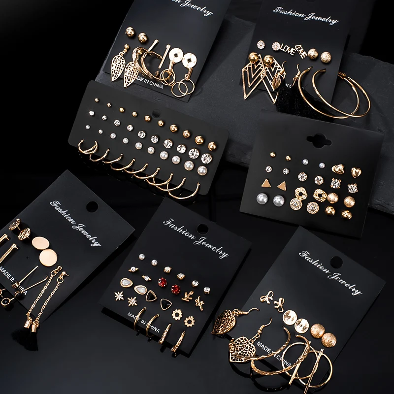 Womens Earrings Crystal Fashion Jewelry Geometric Heart 12-Pairs/Set Bohemian for New