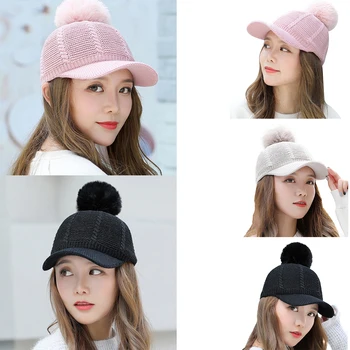 

Women Autumn Winter Sweet Lined Knitted Hat Hair Ball Female Hat Beanie Baseball Cap Detachable Wool Unique Hat