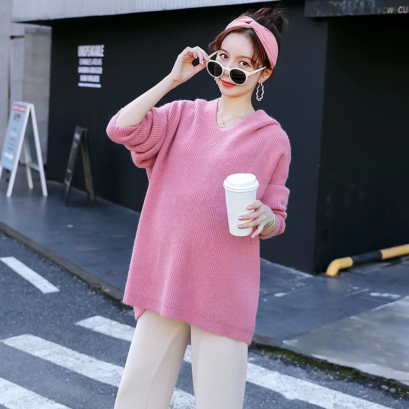 Hooded V-Neck Maternity Sweater Solid Color Maternity Clothes Winter Outerwear Loose Knitted Top Pregnancy Sweater Elegant