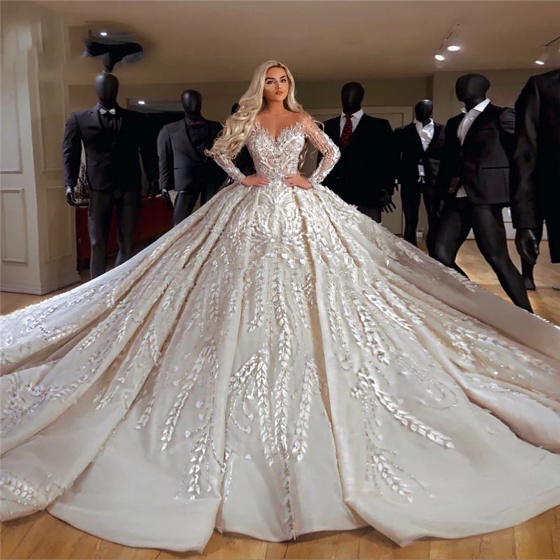 Sheer V-Neck Wedding Dresses Couture Long Sleeves Middle East Bridal Gowns Robe De Mariee Dubai Kaftans Vestido De Noiva