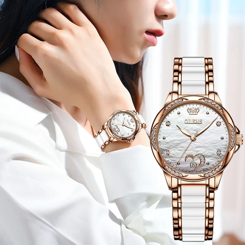 OLEVS-Reloj de marca de lujo para mujer, pulsera mecánica de cerámica, reloj mecánico automático, regalo para mujer
