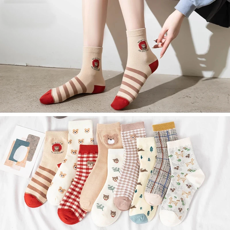 Новые женские носки Kawaii с красным медведем, хлопковые носки с розовым Кроликом, пивом в стиле Харадзюку, забавные модные мягкие повседневные носки для девочек
