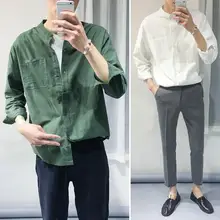 Camisa literária masculina coreano colarinho solto algodão de linho de manga comprida camisa branca Polegada camisa na moda roupas bonitas