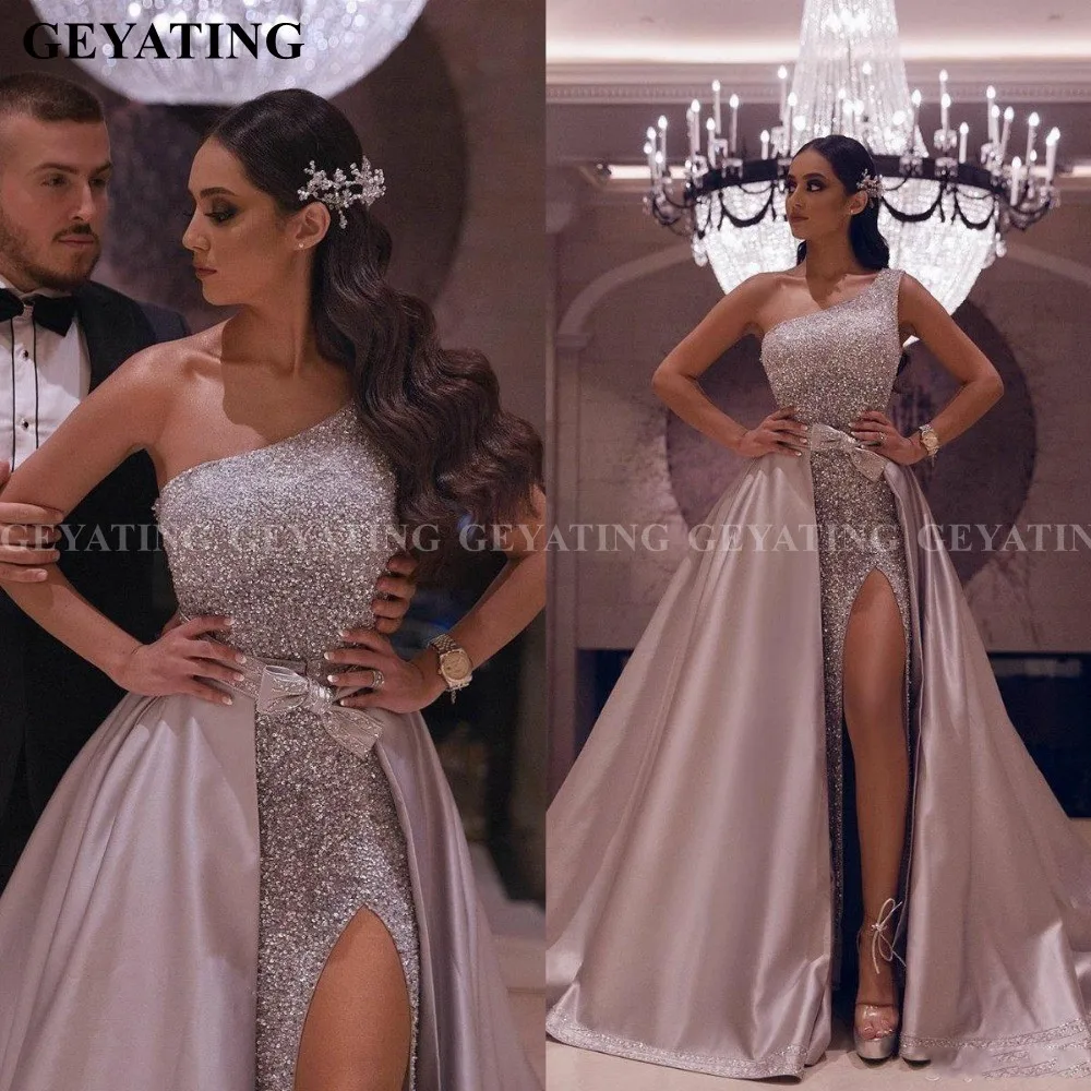 Saudi Arabia Mermaid Dubai Evening Gowns with Detachable Train High Split One Shoulder Engagement Dresses Long Formal Prom Dress - Цвет: Same as picture