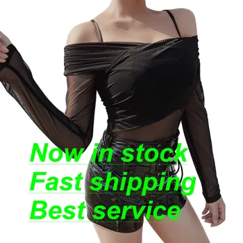 

Sexy Women's Off Shoulder Long Sleeve Bodysuit Bodysuit One Piece Black Mesh Perspective Bodysuit Solid Color Elastic Bodysuit