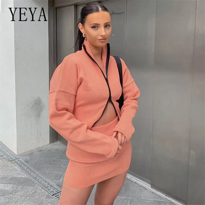 

YEYA Two Piece Set Autumn Women Ribbed Zipper Matching Sets Solid Turn-down Collar Long Sleeve Top and Skirt Winter Streetwear