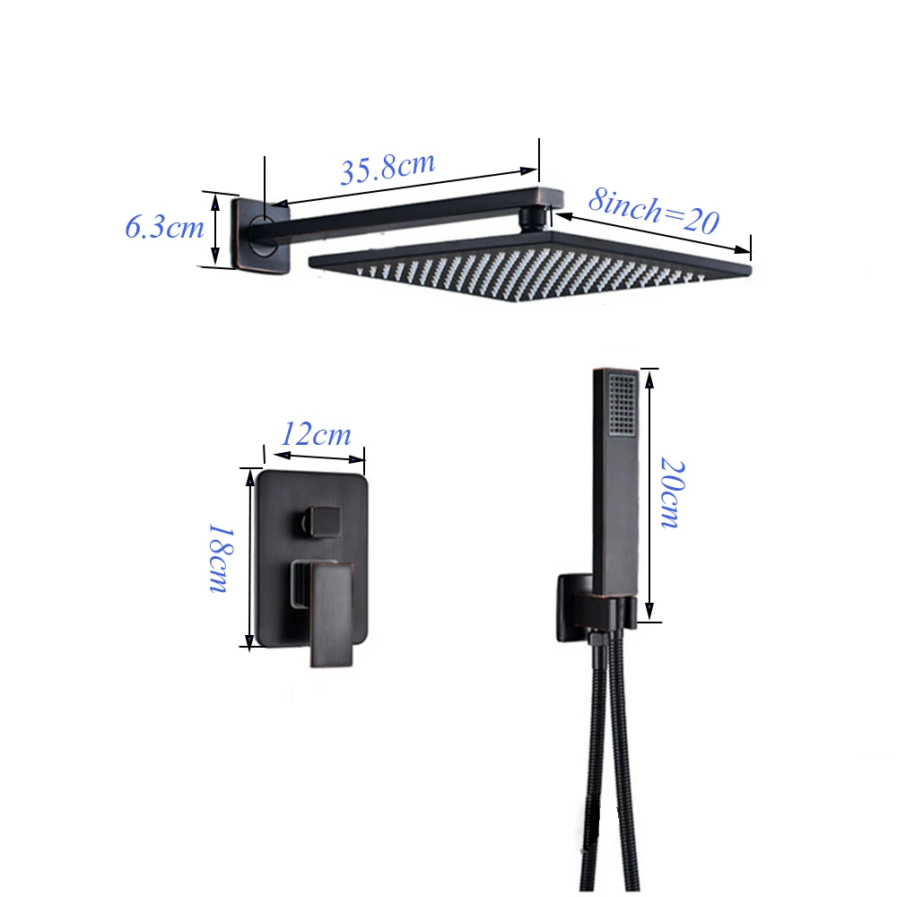 Черный бронзовый скрытый смеситель для душа в ванной, латунный смесительный клапан с ручным душевым дождевиком, смеситель для ванной - Цвет: 8inch 2ways