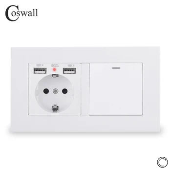 

COSWALL EU Russia Spain Wall Socket With 2 USB Charge Port + 1 Gang Reset Momentary Contact Push Button Light Switch PC Panel