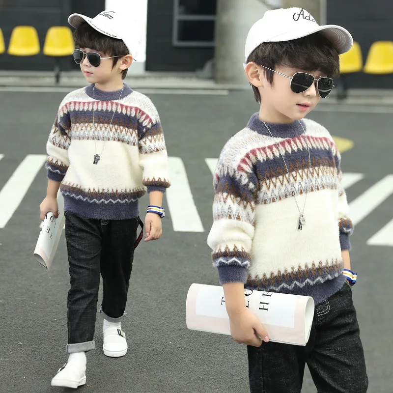 

Boys' Sweater Pullover 2019 New Style Children Fashion Western Style Mink Cashmere Big Boy Autumn And Winter Knit Low Waist Jers