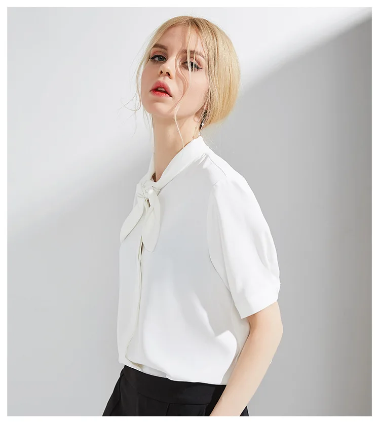 Chiffon Blouse Ladies Bow Collar Short Sleeve Summer New Leisure Blusas Mujer De Moda White Blue and Violet Color