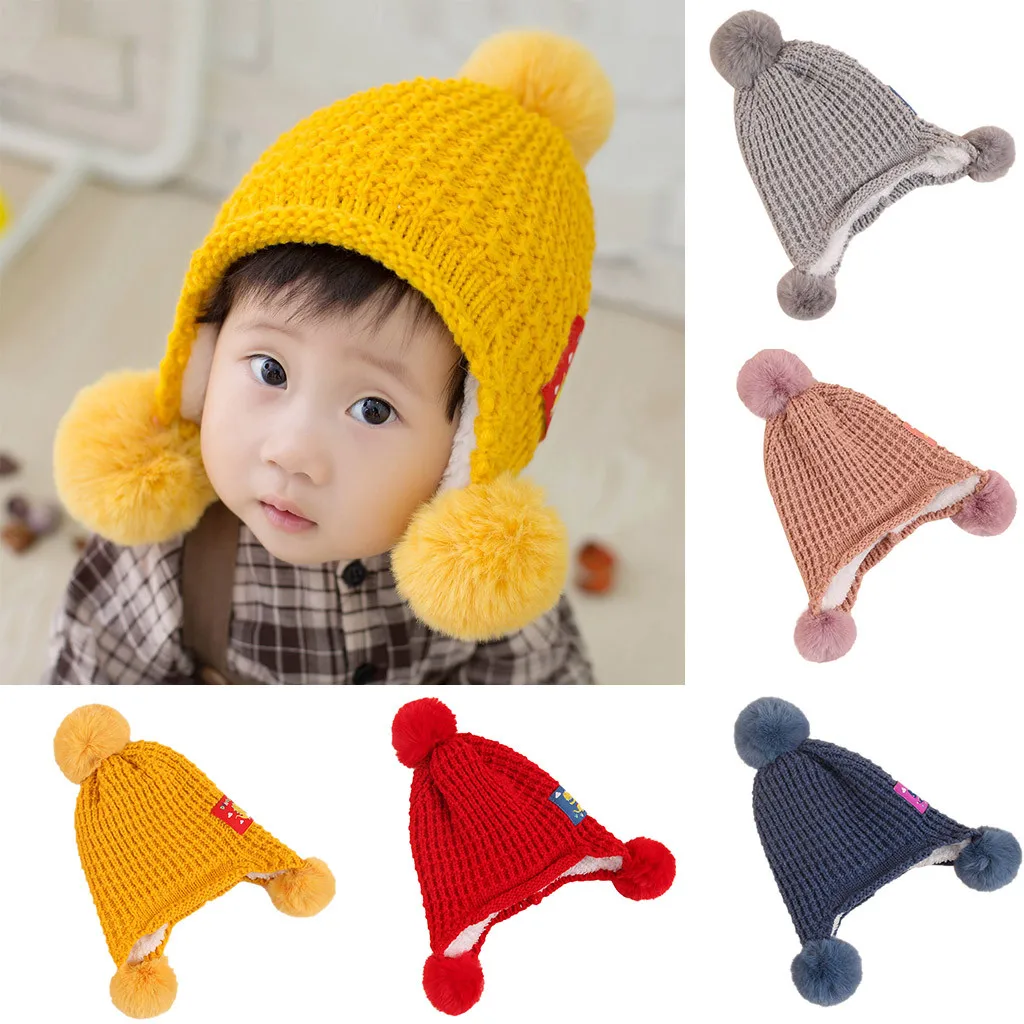 

Newborn Baby Cute Hat Cartoon Knitting Plus Velvet Ear Protection Hats Children Hair Ball Woollen Winter Cap