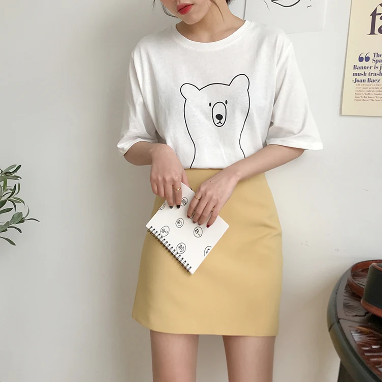 2 цвета, лето, женские топы, корейский стиль, принт с медведем, короткий рукав, футболки, женская футболка, femme(F3665