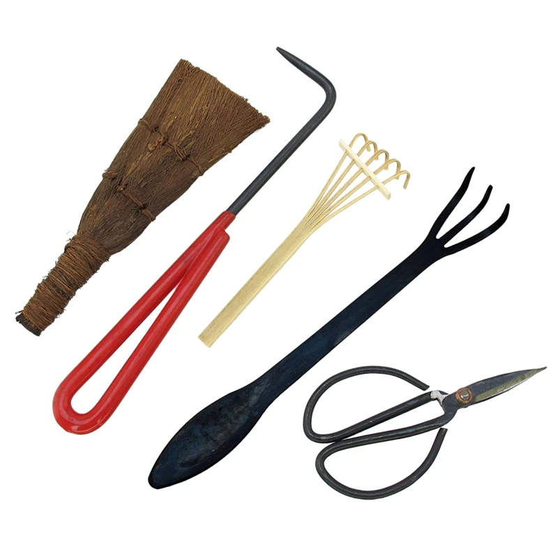 

Bonsai Tool Kit 5Pc Basic Care Set Root Rake, Shear, Root Pick, Moss Brush, Stiff Bamboo Brush with Bag