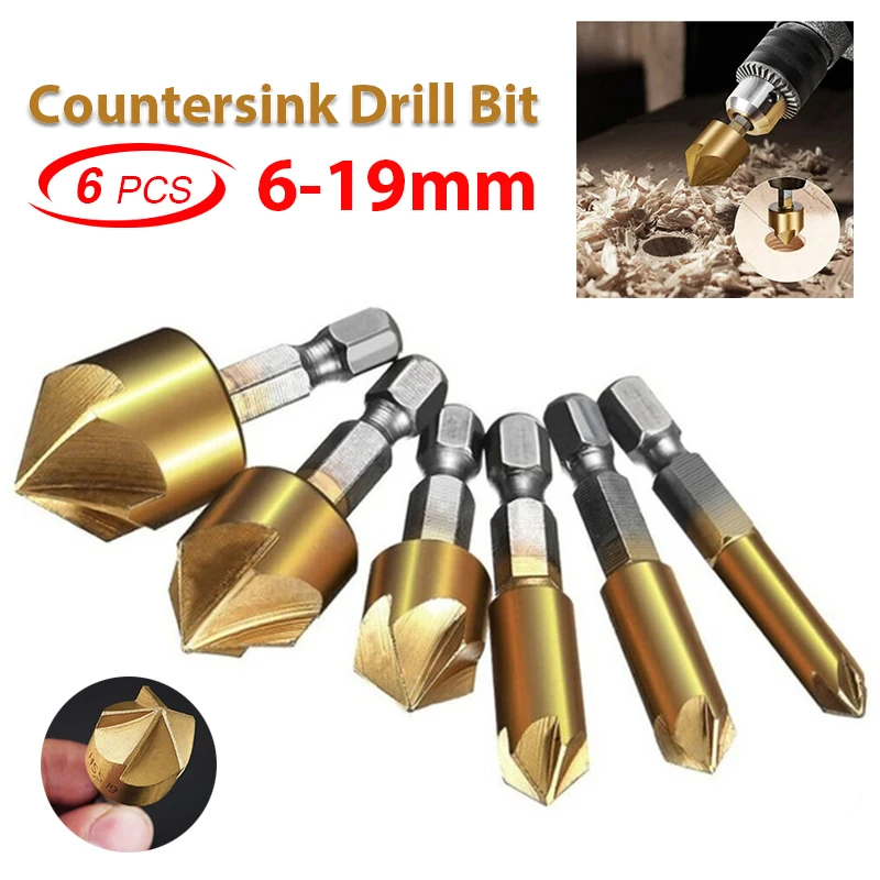 

6pcs 5 Flutes HSS Countersink Chamfer Drill Bit 1/4" Hex Shank Titanium Coated Woodworking Core Dril Bit Power Tool