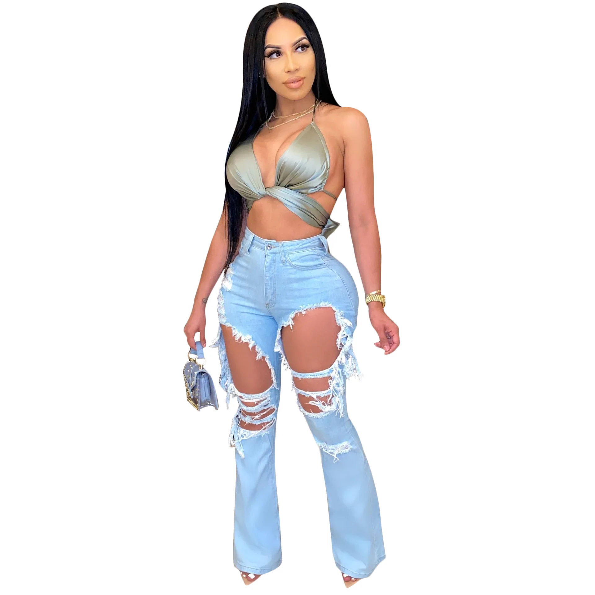 

Adogirl Casual Women Hole Jeans Wide Leg High Waist Washed Denim Trousers Ladies Fashion Bell Bottom Skinny Long Jeans Pants