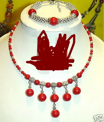 

free shipping set asia tibet silver &red coral Beads Necklace& bracelet