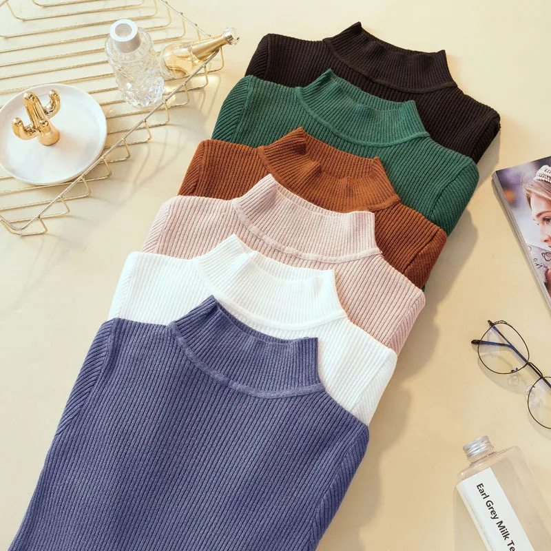 

Solid Color High Neck Pullover Basic Sweater Women Long Sleeve Slim Fit Tight Knitted Women Sweaters and Pullovers