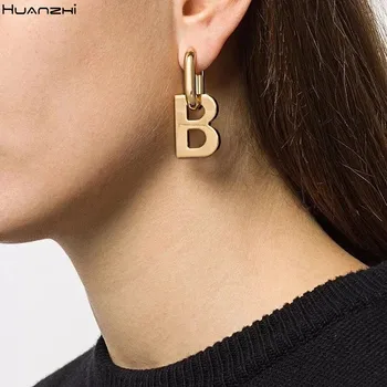 

HUANZHI 2020 New Metal Geometric Letter B Gold Silver Removable Asymmetrical Dual Purpose Drop Earrings for Woman Girls Jewelry