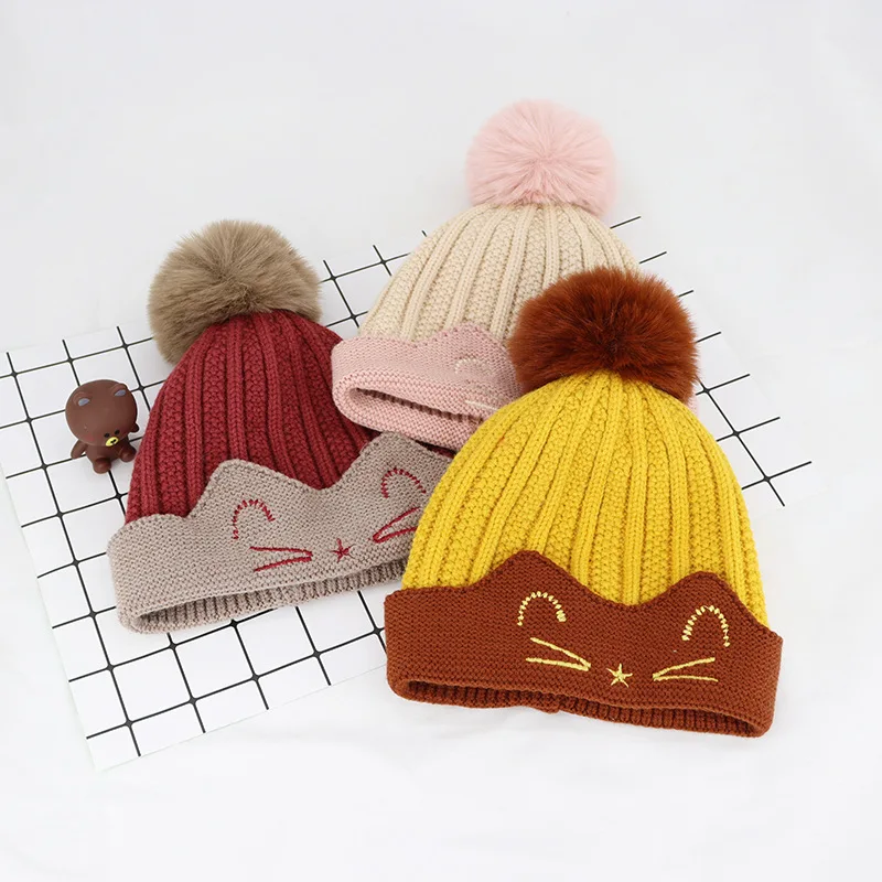 Baby hat Spring and autumn and winter new children's hat cartoon cat A knit hat 1-4 years old baby warm and comfortable cap
