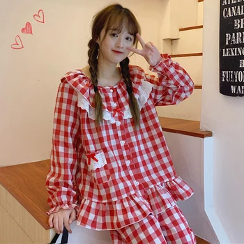 

Pajamas for women Ruffled Loose Cute Plaid Pajama Pajama Set