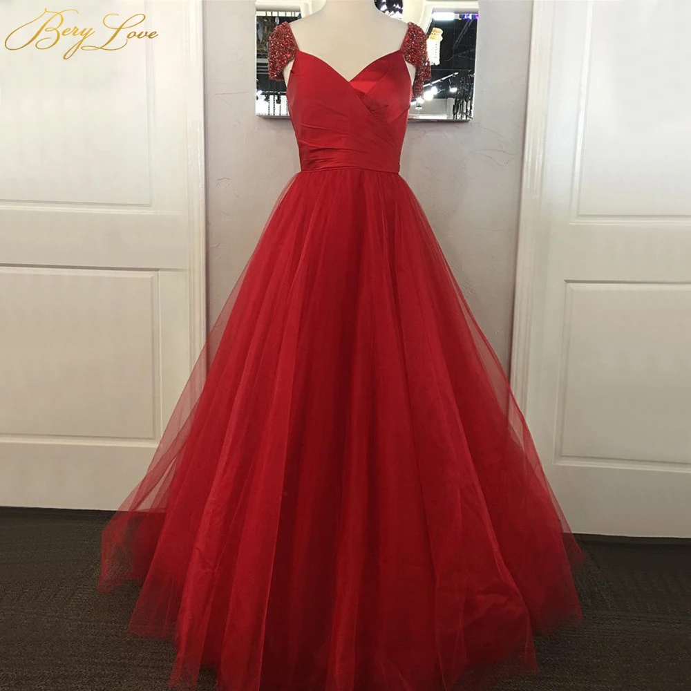 

Simple Red Tulle Prom Dresses Crystal Beading Cap Sleeves A Line Floor Length Long Formal Party Dress 2019 Customize Gown