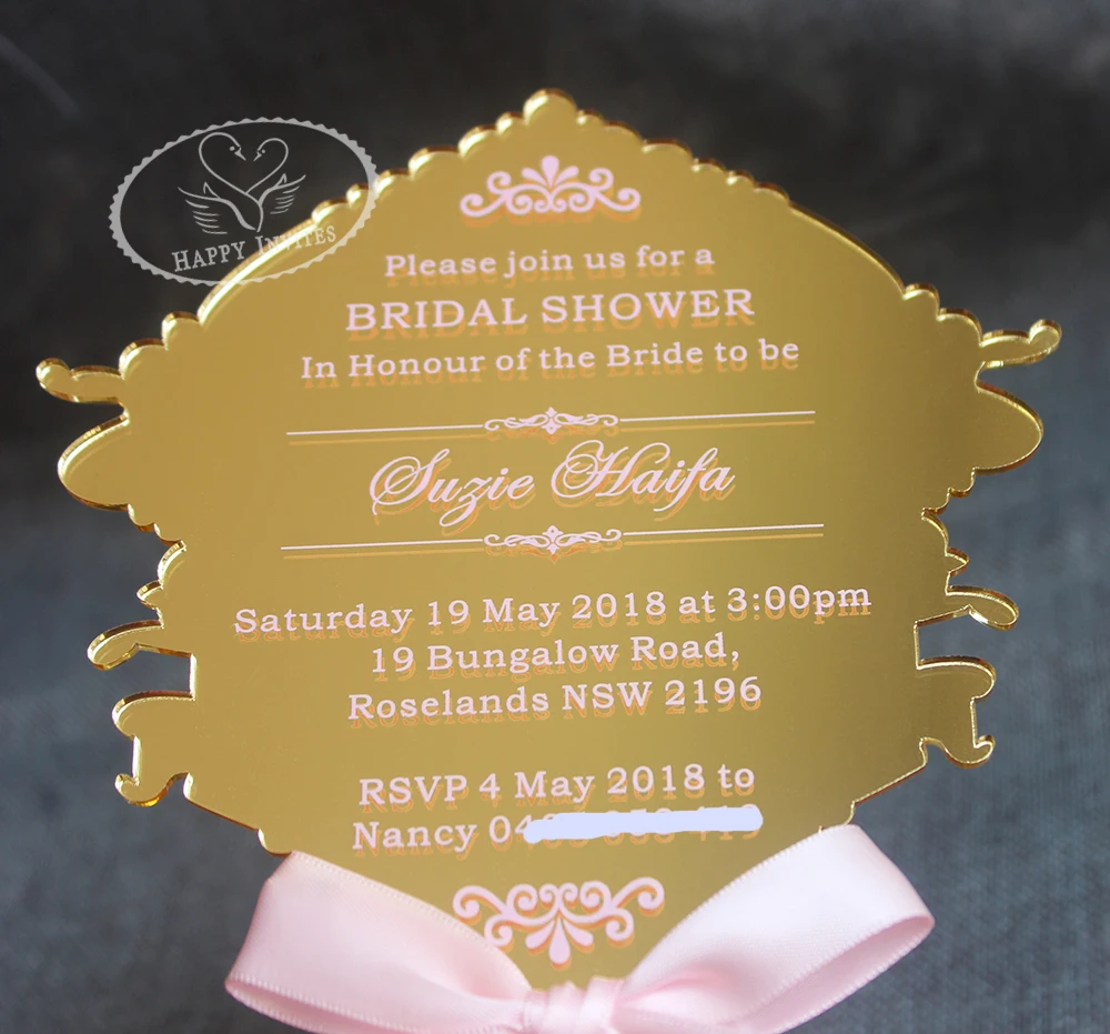 HI4053-15 Customized Gold Mirror Wedding Invitation Card with Pink Printing