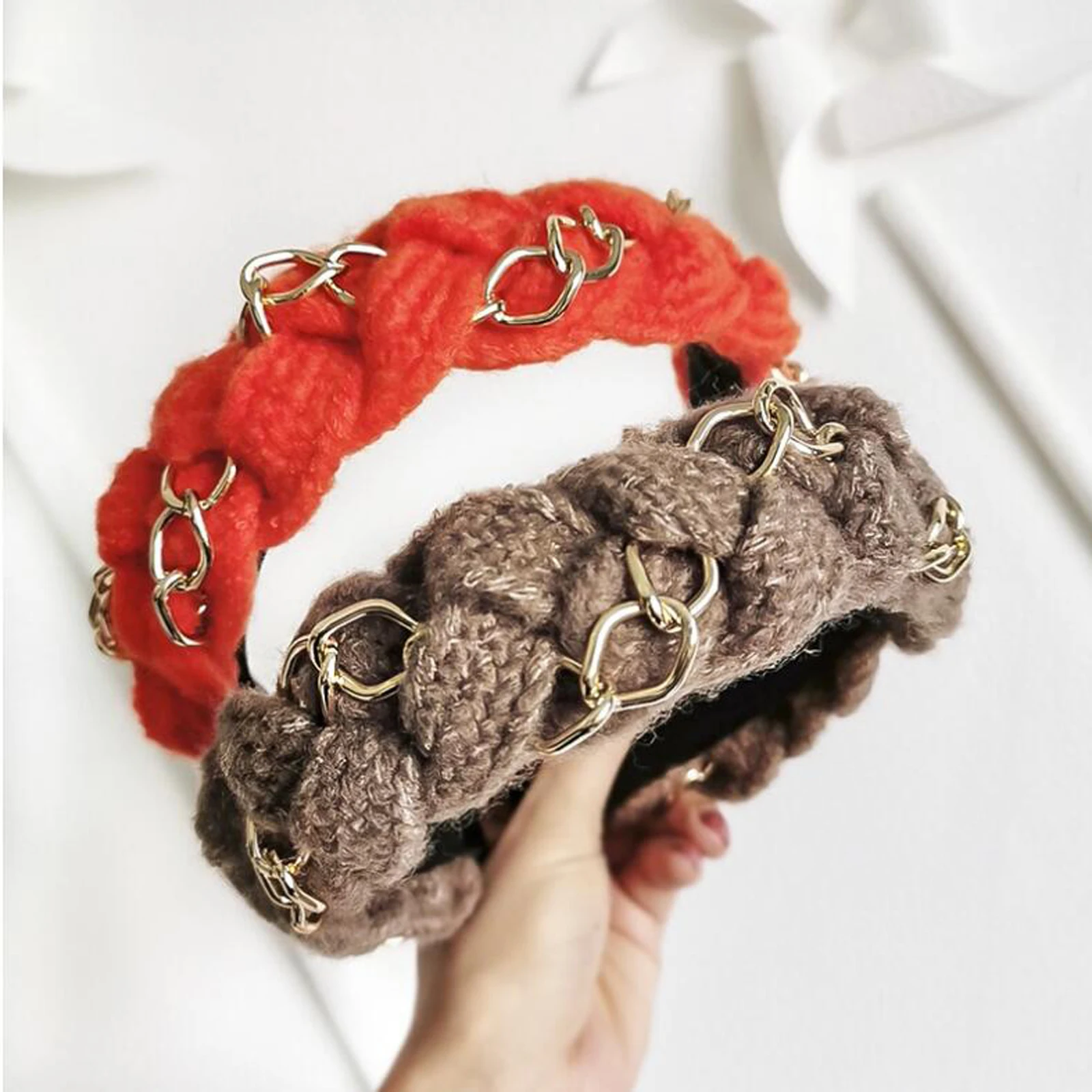 New Fashion Women Hair Accessories Turban Multi-layer Cross Knot Knitted Headwear Soft Alloy Chain Inlay Headband Adult