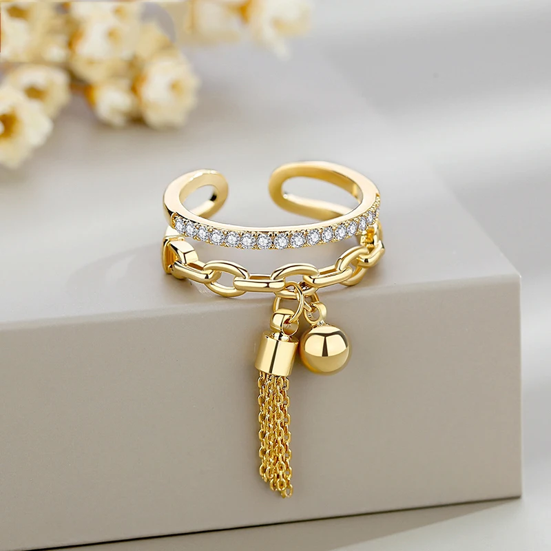 Ring-Zirconia Link-Chain Charm Spike-Pendant Fingure-Ring Tassel Opening Gold-Color New