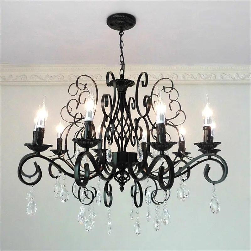 Vintage Crystal Chandeliers Livint Room Dining Room Lamp Black White Loft Wrought Iron E14 Candle Chandeliere Lighting