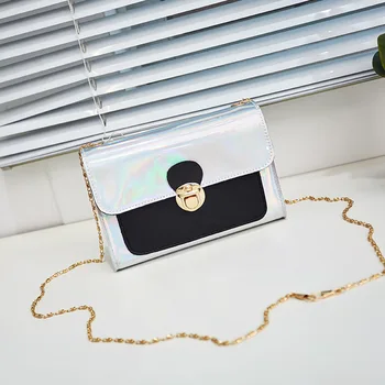 

2020 summer new laser female bag compartment mobile phone bag spell color chain small square bag wholesale